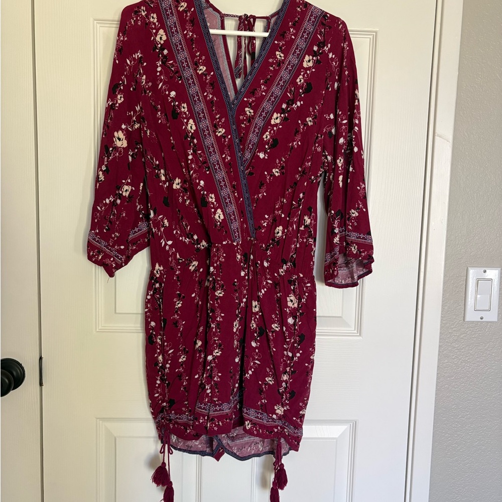 Skies Are Blue Burgundy Floral Boho Shorts Romper